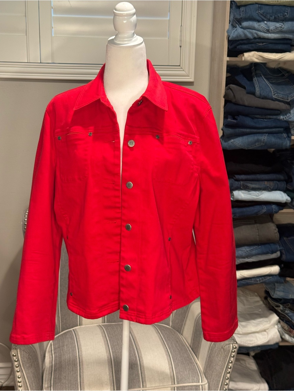 Caslon Bold Red Button-Front Jean Jacket